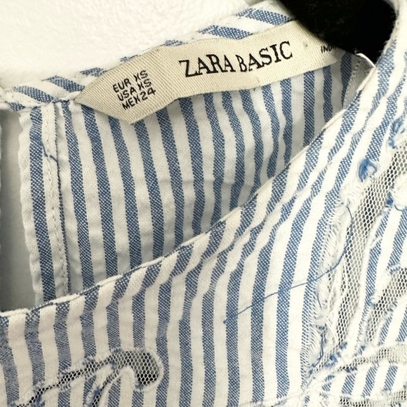Zara striped blue blouse with lace floral cutout details mesh pin stripe size XS - Picture 3 of 5